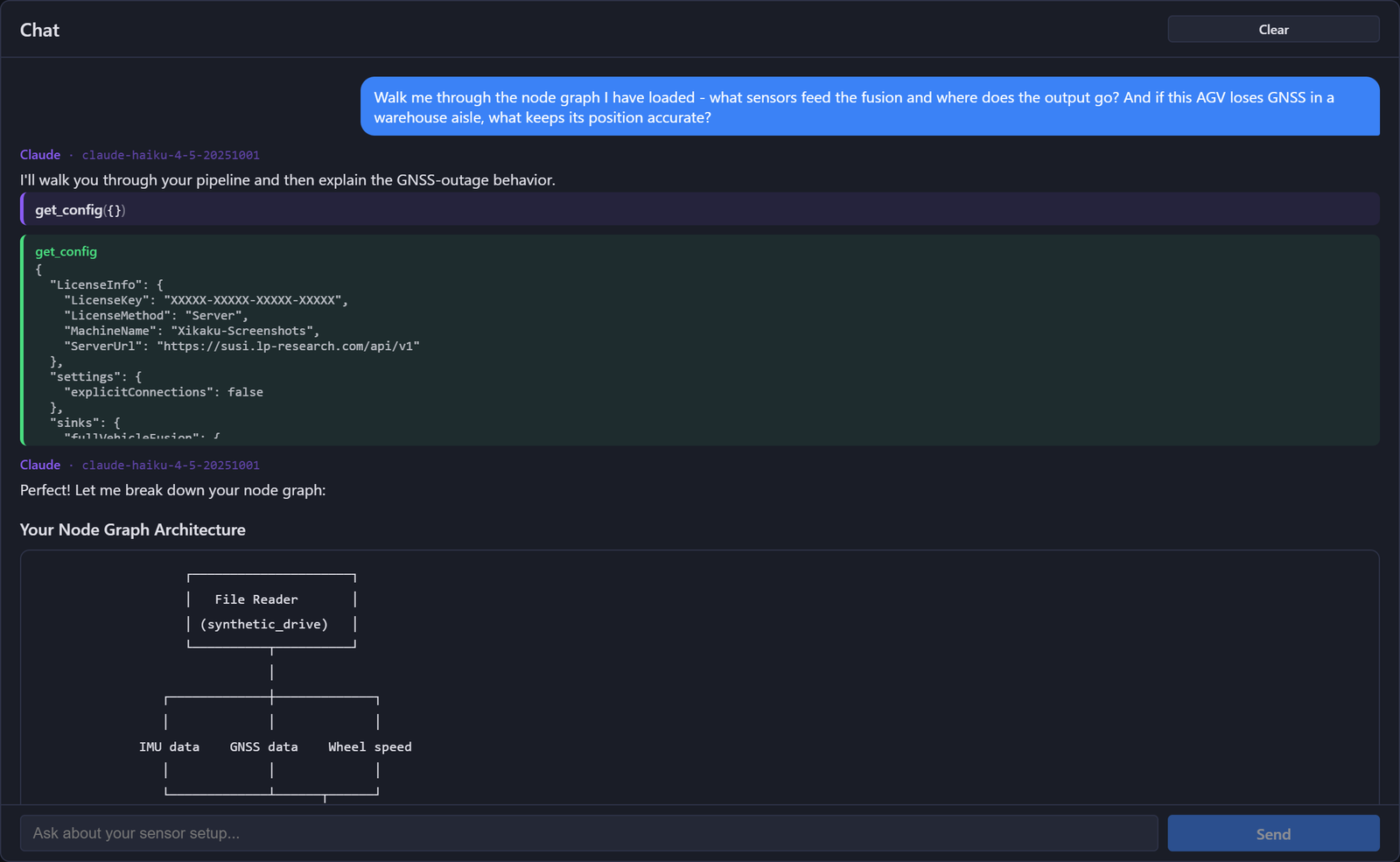 AI Monitor: Claude inspects the live node graph and explains the pipeline and its GNSS-dropout behavior