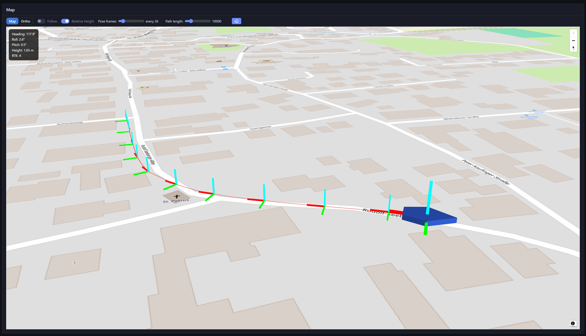 Map view: the fused vehicle as a 3-D marker with its track, heading and RTK status